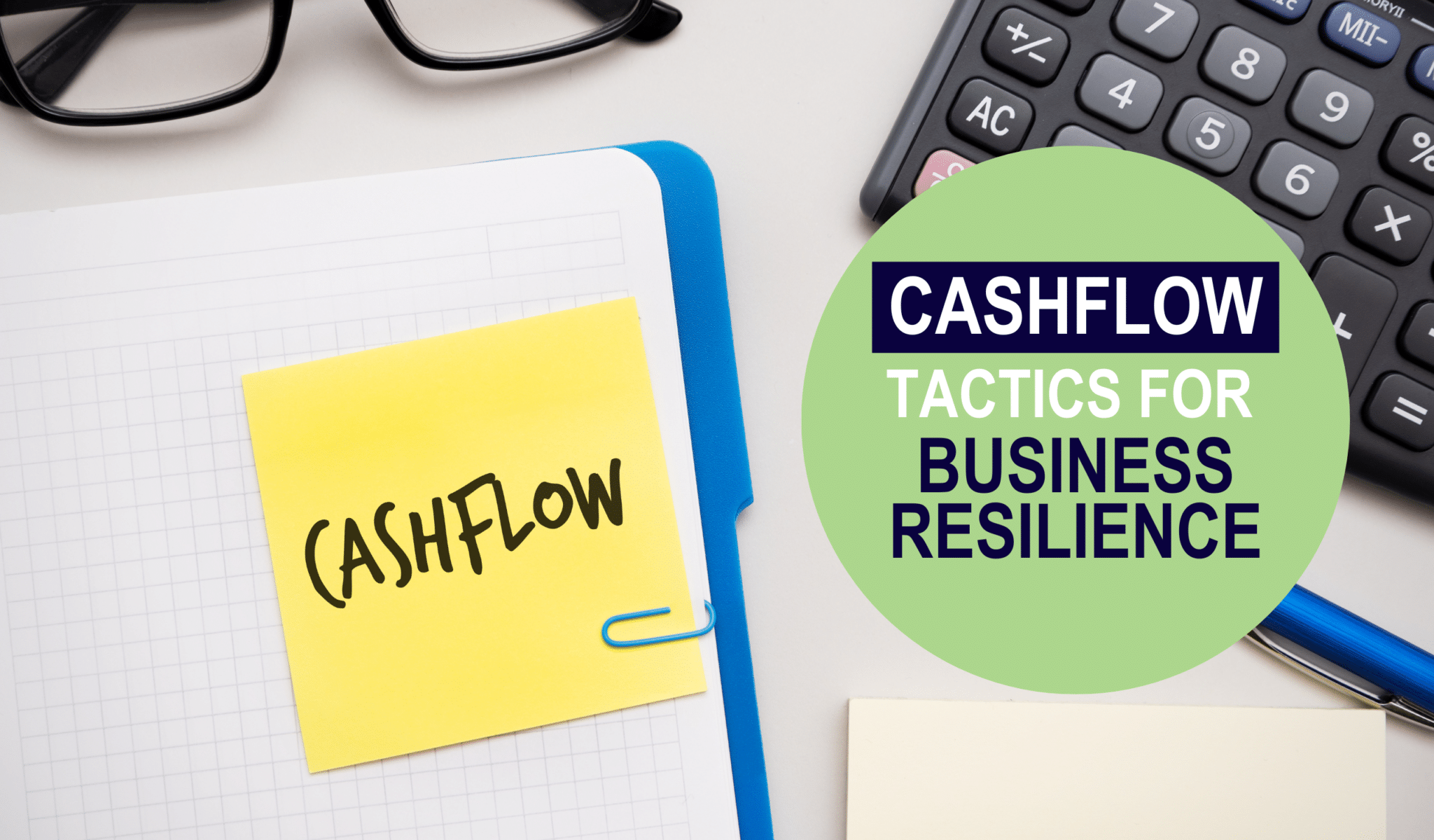 Notebook open on a desk with 'cashflow' written in it